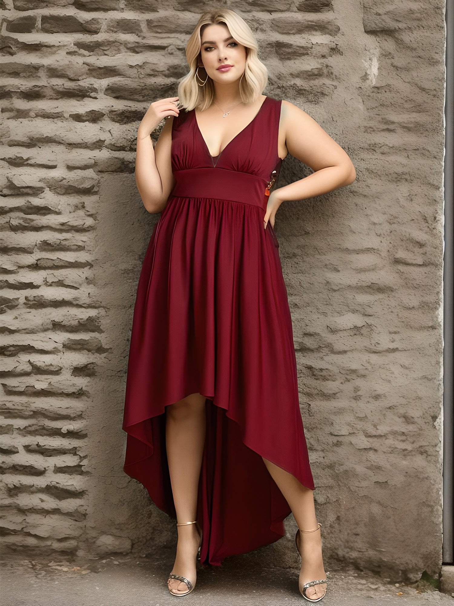 Plus High Low Deep V Neck Sleeveless Wholesale Bridesmaid Dresses Plus High Low Deep V Neck Sleeveless Wholesale Bridesmaid Dresses