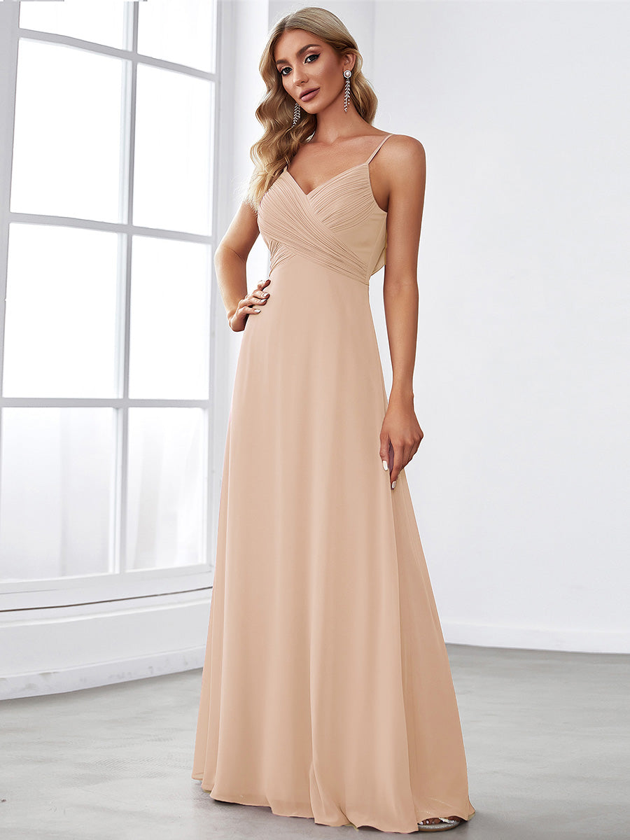 Color=Blush | Bulk Order Sleeveless V-Neck Pleated Backless A-Line Floor Length Bridesmaid Dresses-Blush 1