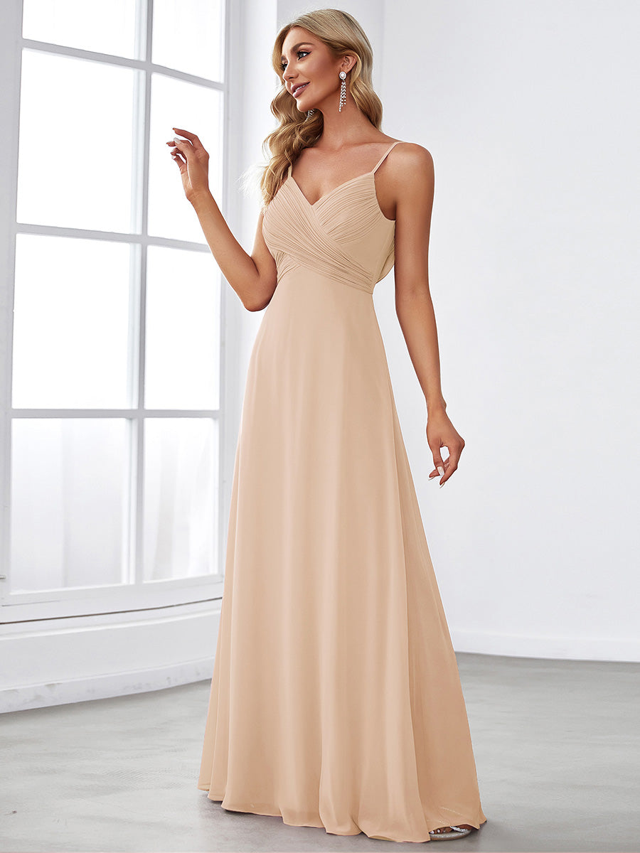 Color=Blush | Bulk Order Sleeveless V-Neck Pleated Backless A-Line Floor Length Bridesmaid Dresses-Blush 5