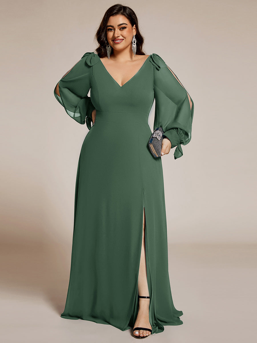 Color=Eucalyptus | Long Lantern Sleeves A Line V Neck Wholesale Bridesmaid Dresses-Eucalyptus 11