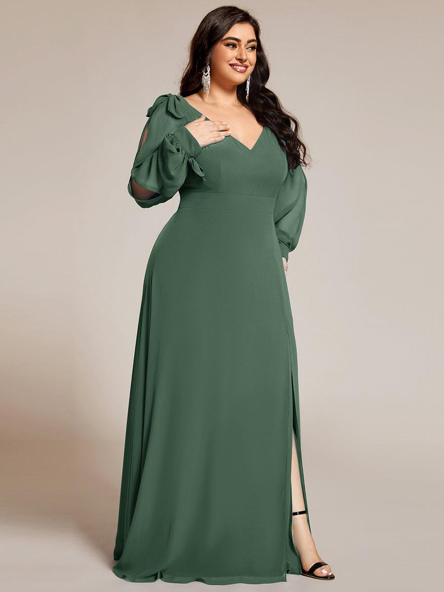 Color=Eucalyptus | Long Lantern Sleeves A Line V Neck Wholesale Bridesmaid Dresses-Eucalyptus 14