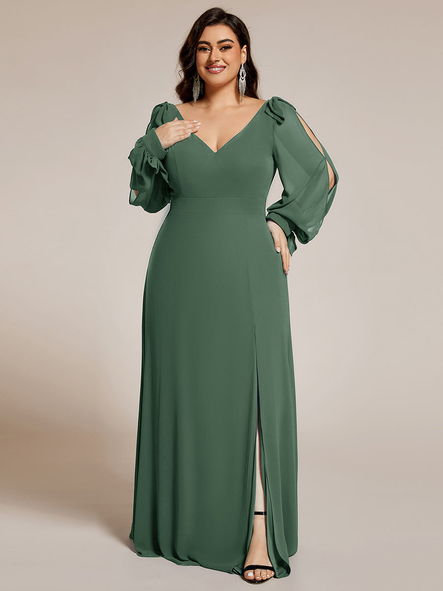 Color=Eucalyptus | Long Lantern Sleeves A Line V Neck Wholesale Bridesmaid Dresses-Eucalyptus 15