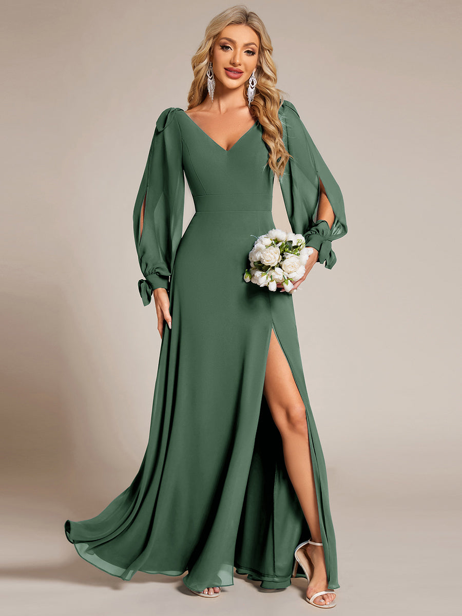 Color=Eucalyptus | Long Lantern Sleeves A Line V Neck Wholesale Bridesmaid Dresses-Eucalyptus 11