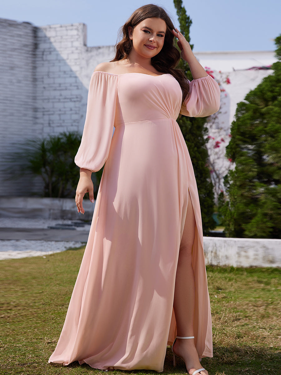 Color=Pink | Chiffon Maxi Long One Shoulder Wholesale Evening Dresses With Lantern Sleeves-Pink 1