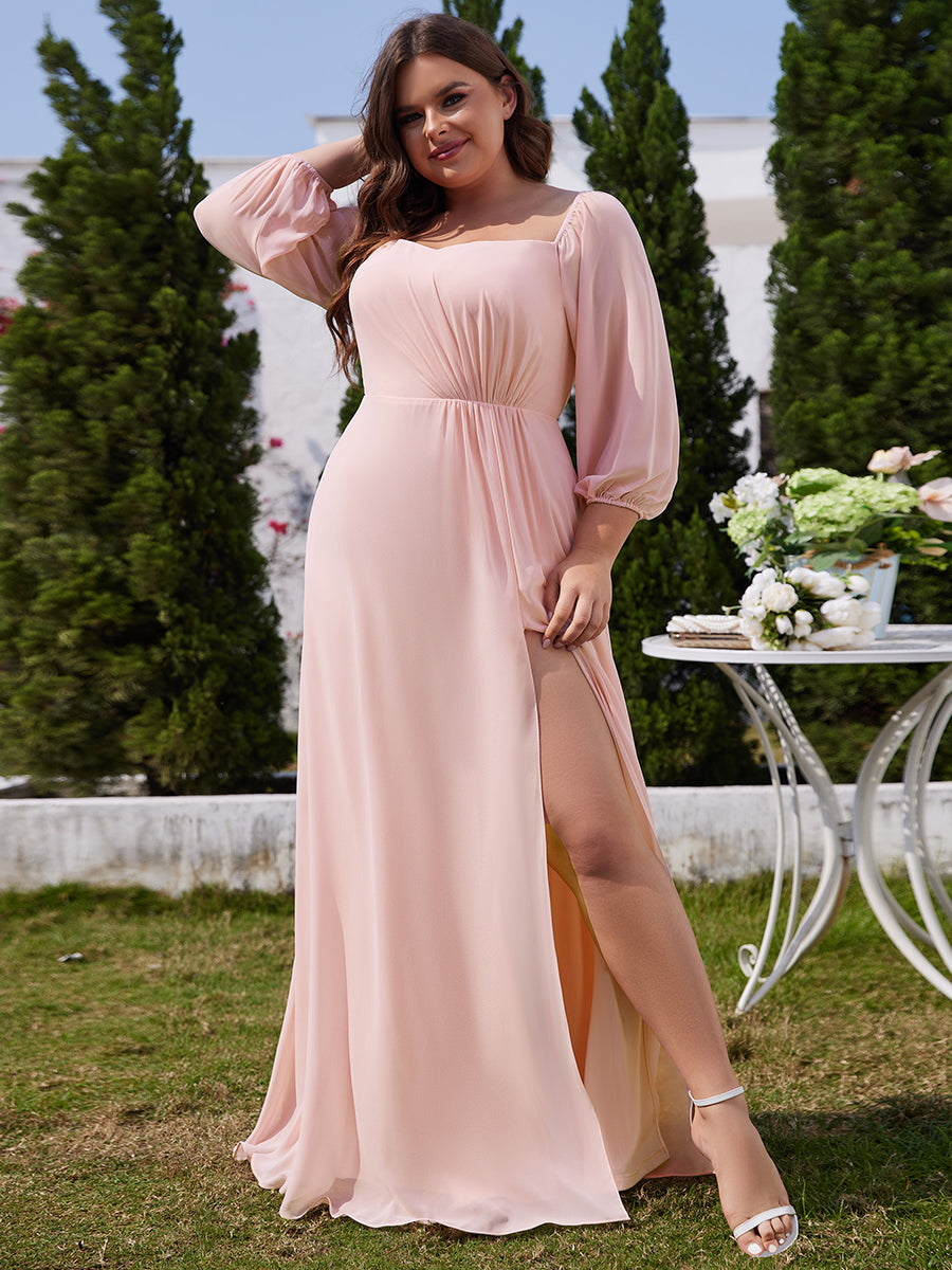 Color=Pink | Chiffon Maxi Long One Shoulder Wholesale Evening Dresses With Lantern Sleeves-Pink 1