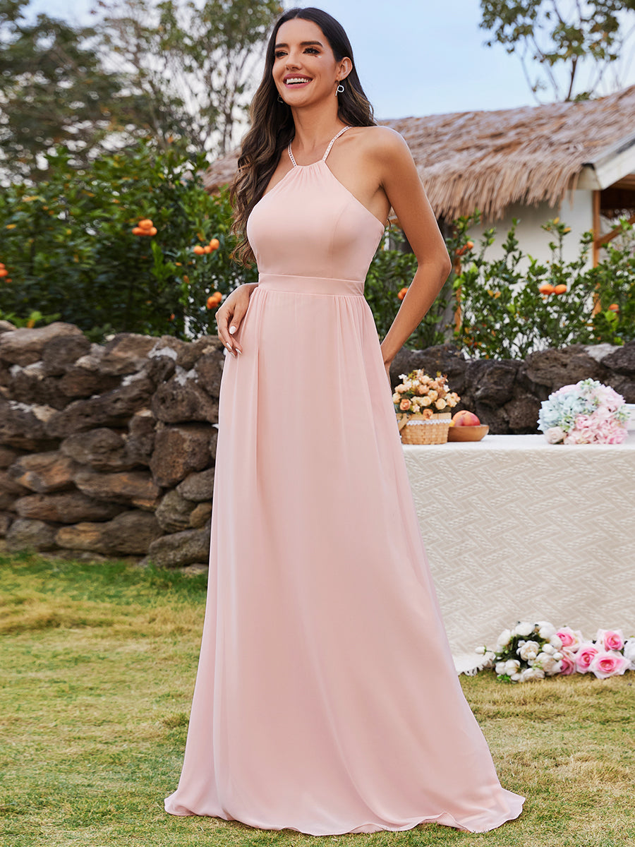 Color=Pink | Elegant Belly collar Halter Neck Spaghetti Straps Chiffon Bridesmaid Dresses with Back Lotus Leaf Stream-Pink 1
