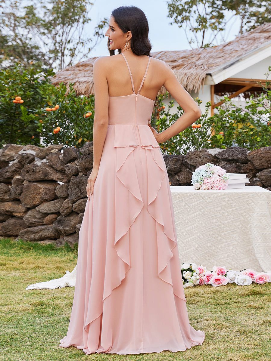 Color=Pink | Elegant Belly collar Halter Neck Spaghetti Straps Chiffon Bridesmaid Dresses with Back Lotus Leaf Stream-Pink 2