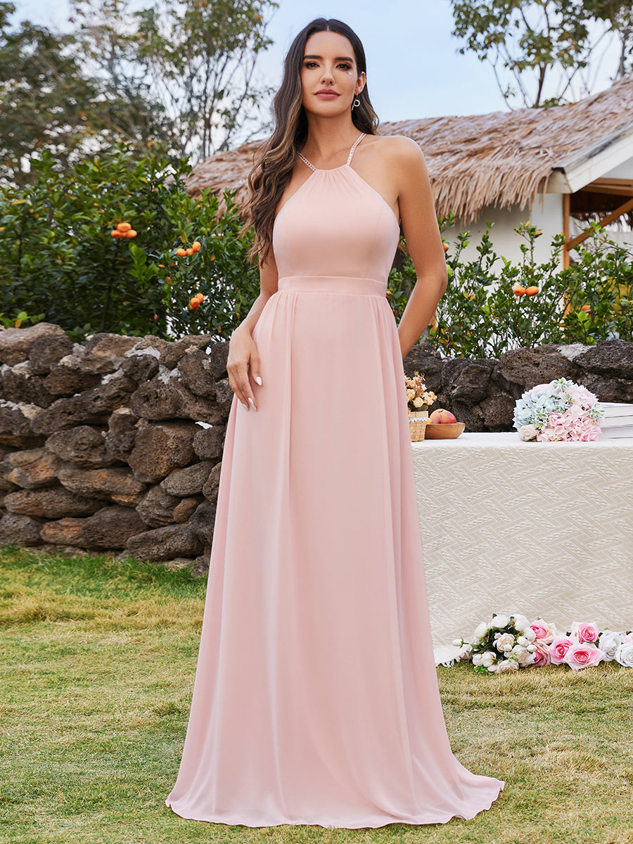 Color=Pink | Elegant Belly collar Halter Neck Spaghetti Straps Chiffon Bridesmaid Dresses with Back Lotus Leaf Stream-Pink 4
