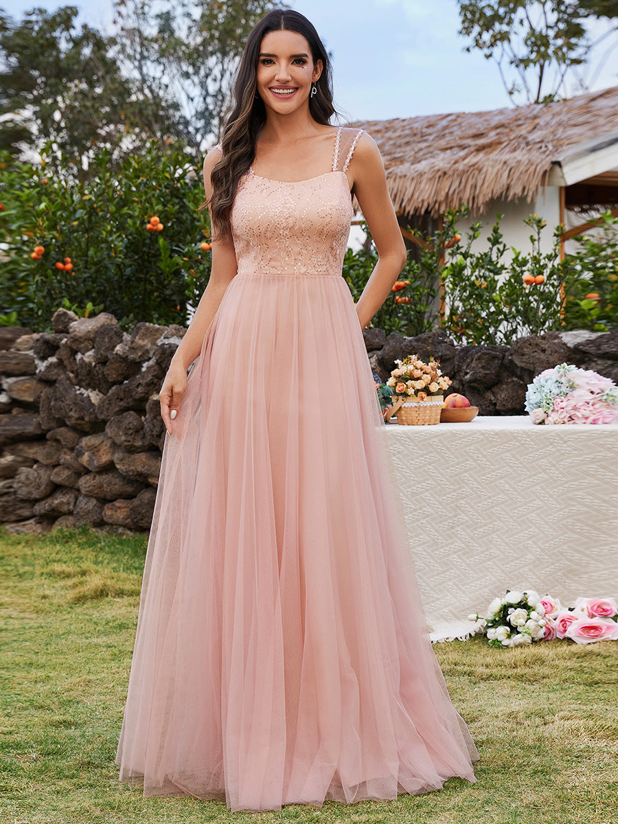 Color=Pink | Tulle Sweetheart Spaghetti Strap Embroidery Sequin Wholesale Bridesmaid Dress-Pink 3