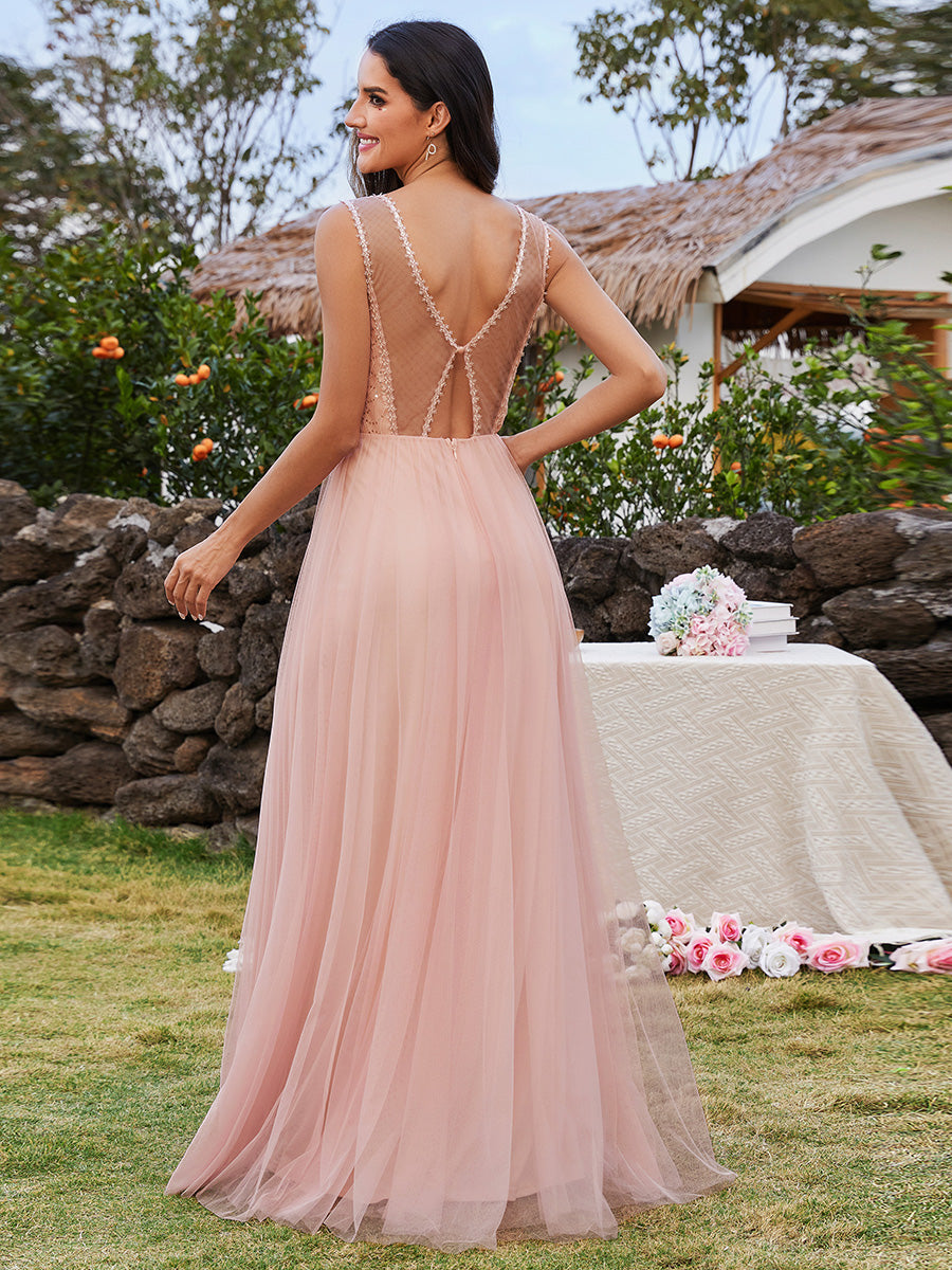 Color=Pink | Tulle Sweetheart Spaghetti Strap Embroidery Sequin Wholesale Bridesmaid Dress-Pink 2