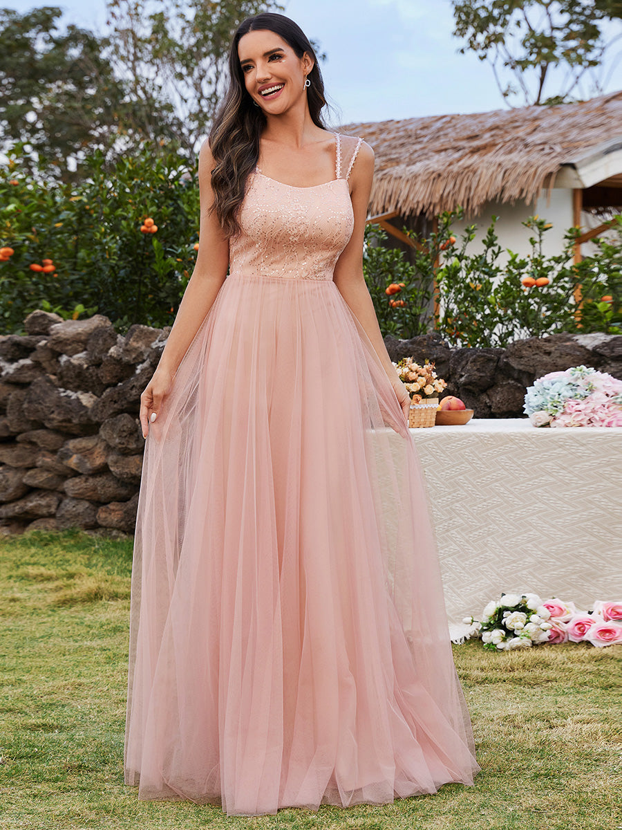 Color=Pink | Tulle Sweetheart Spaghetti Strap Embroidery Sequin Wholesale Bridesmaid Dress-Pink 4