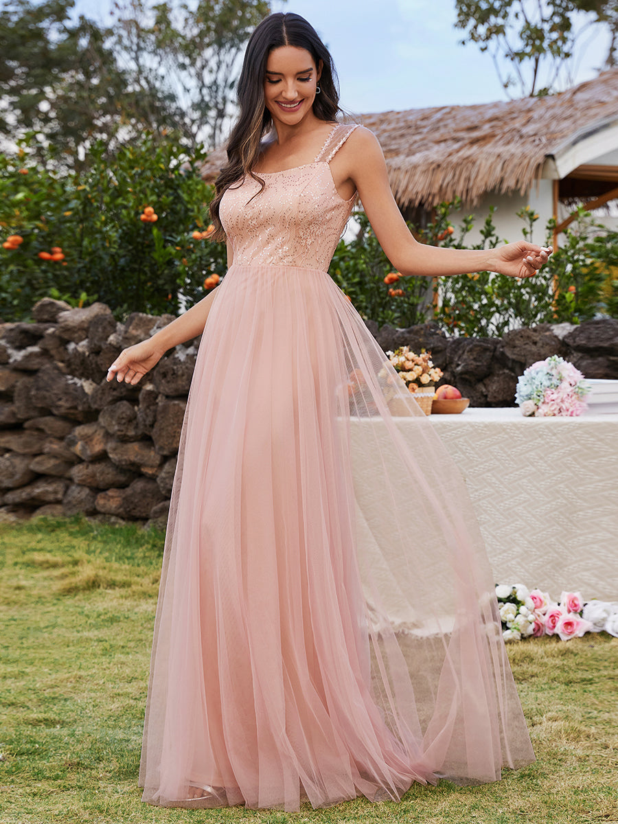 Color=Pink | Tulle Sweetheart Spaghetti Strap Embroidery Sequin Wholesale Bridesmaid Dress-Pink 1