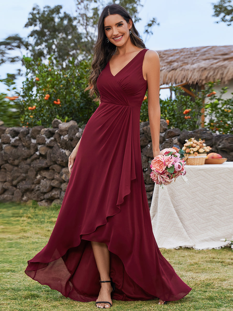 Elegant Midi Length Chiffon Bridesmaid Dresses with Asymmetrical Ruffl