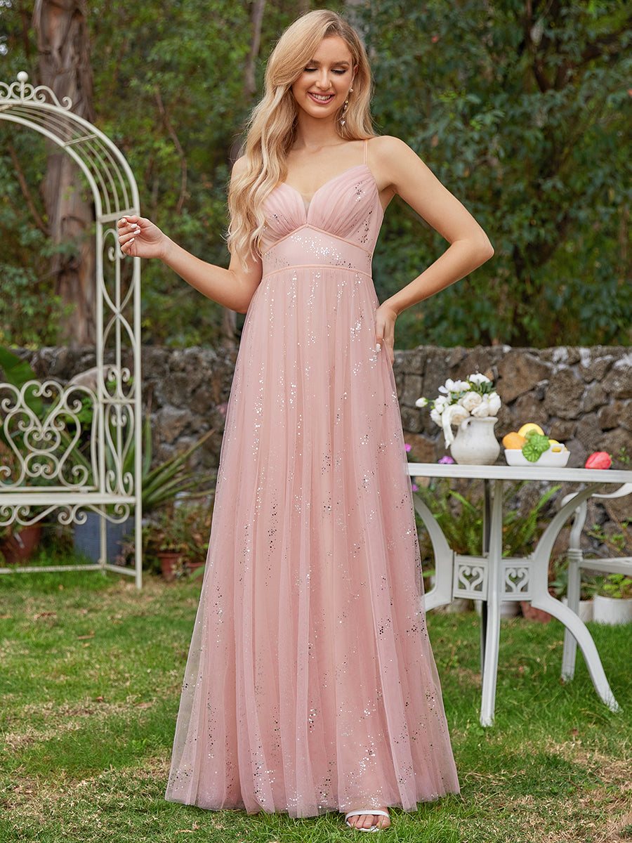 Color=Pink | Tulle V Neck Spaghetti Strap Bodice Sequin Wholesale Bridesmaid Dress-Pink 4