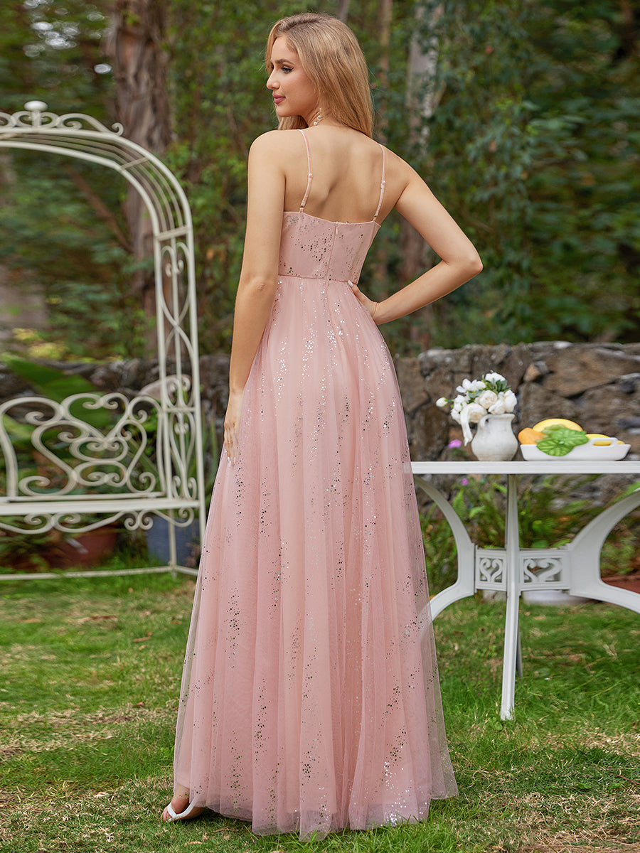 Color=Pink | Tulle V Neck Spaghetti Strap Bodice Sequin Wholesale Bridesmaid Dress-Pink 3