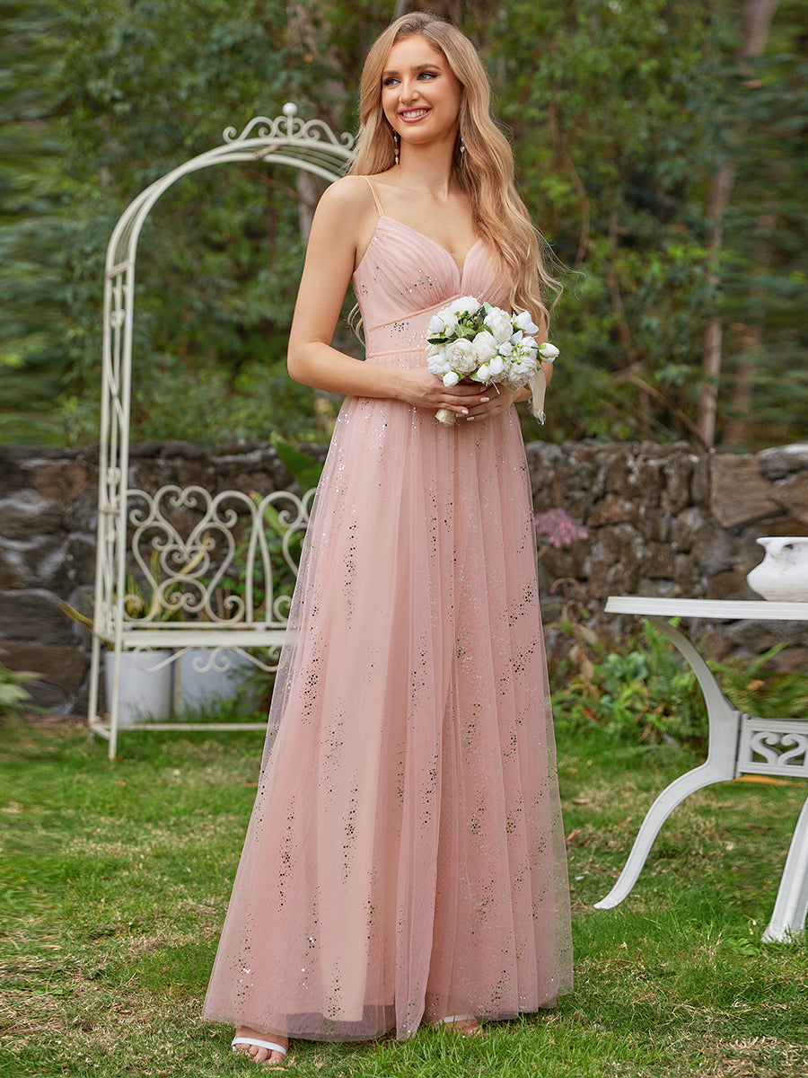 Color=Pink | Tulle V Neck Spaghetti Strap Bodice Sequin Wholesale Bridesmaid Dress-Pink 1