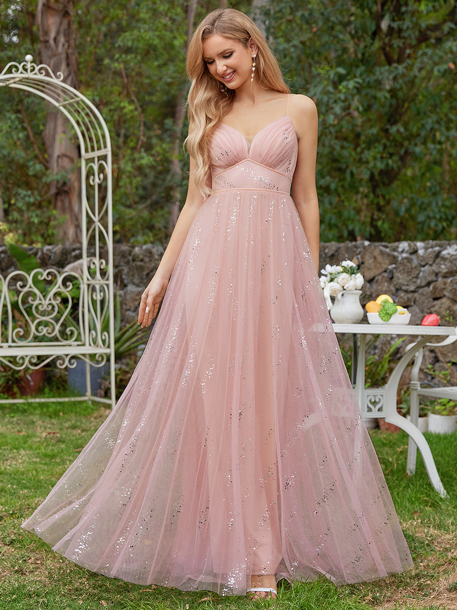 Color=Pink | Tulle V Neck Spaghetti Strap Bodice Sequin Wholesale Bridesmaid Dress-Pink 2