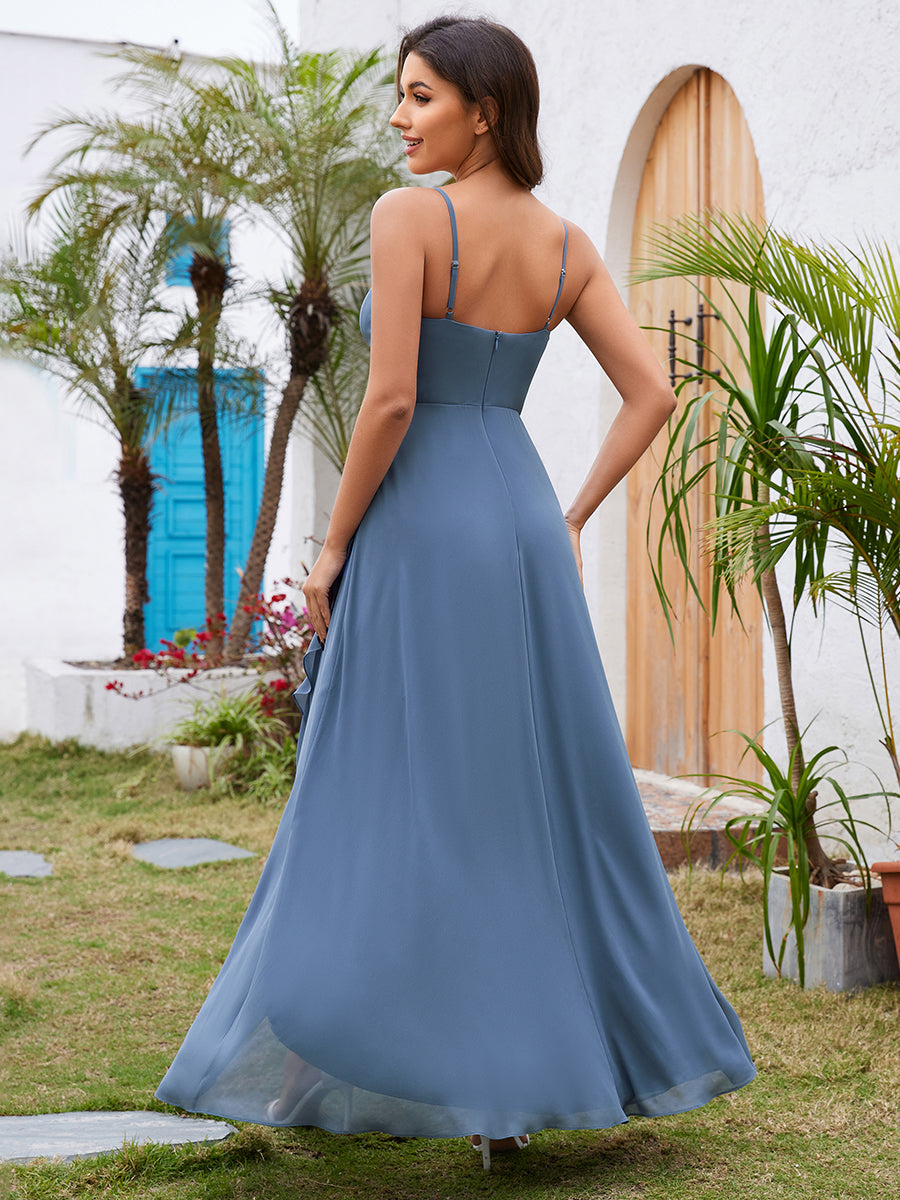 Color=Dusty Blue | Elegant A-Line Lotus Leaf Midi Length Chiffon Dresses with Asymmetrical Hem-Dusty Blue 2