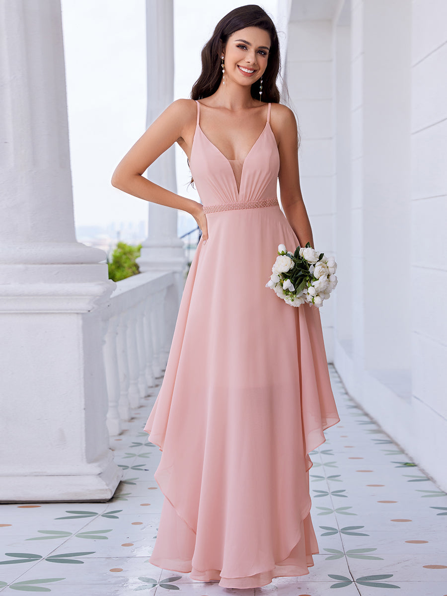 Color=Pink | Elegant See-Through V Neck Spaghetti Straps Chiffon Bridesmaid Dresses with Floaty Asymmetrical Ruffles Hem-Pink 11
