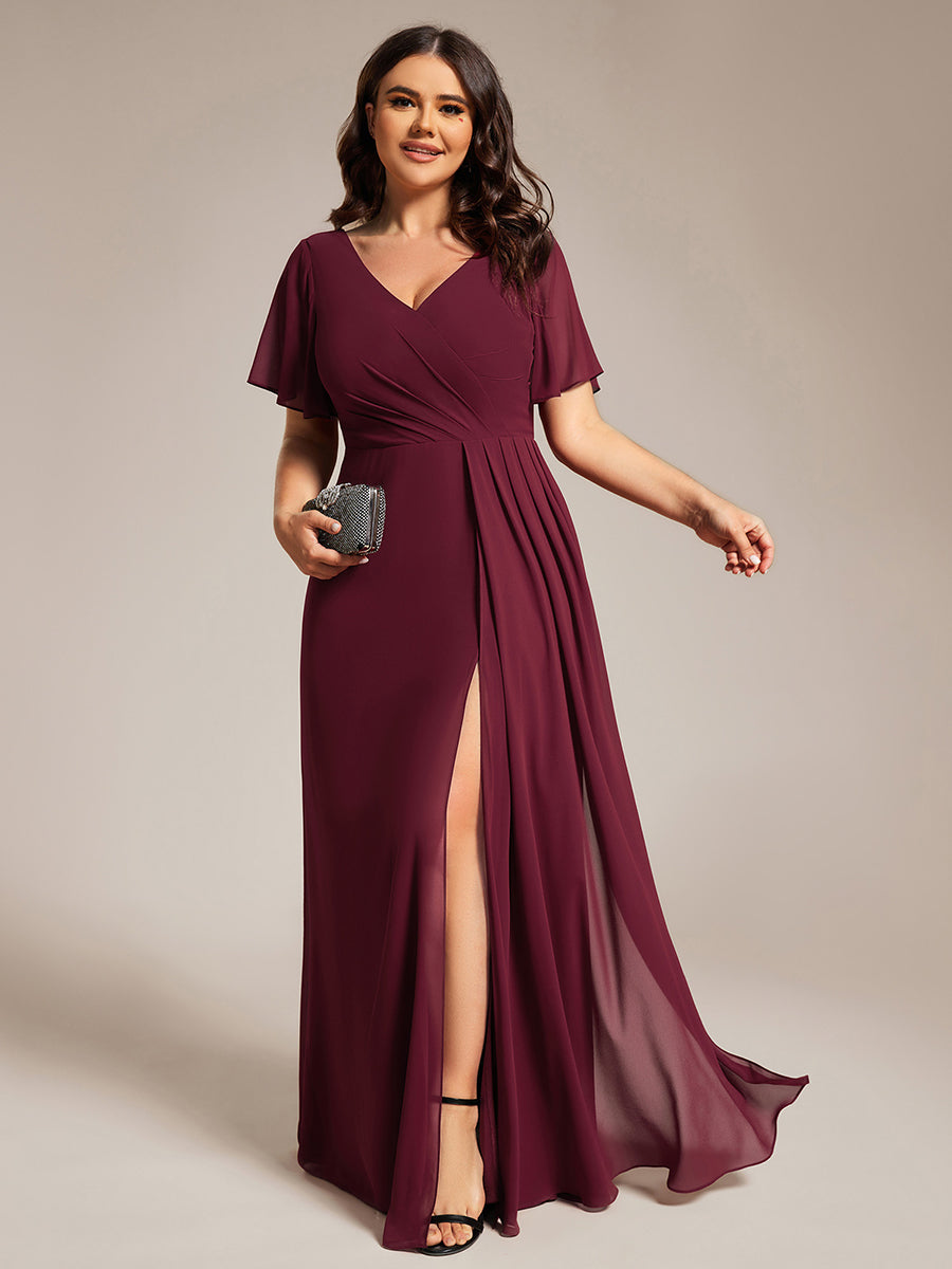 Color=Burgundy | Plus Size Lotus Leaf Ruffles Sleeve asymmetrical Ruched Empire Waist Chiffon Evening Dresses-Burgundy 1