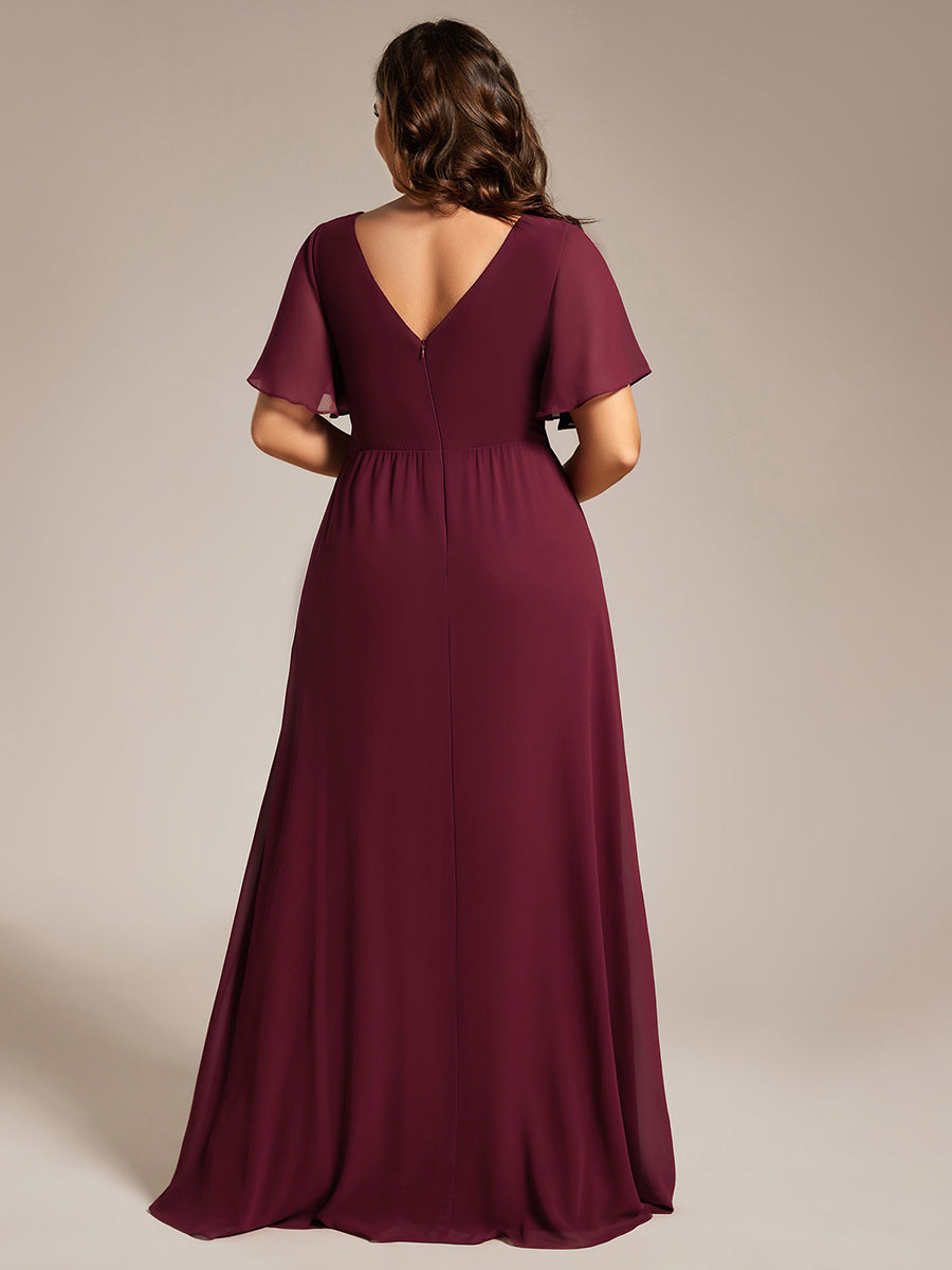Color=Burgundy | Plus Size Lotus Leaf Ruffles Sleeve asymmetrical Ruched Empire Waist Chiffon Evening Dresses-Burgundy 2