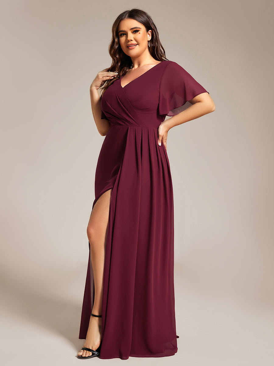 Color=Burgundy | Plus Size Lotus Leaf Ruffles Sleeve asymmetrical Ruched Empire Waist Chiffon Evening Dresses-Burgundy 3