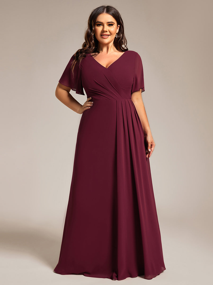 Color=Burgundy | Plus Size Lotus Leaf Ruffles Sleeve asymmetrical Ruched Empire Waist Chiffon Evening Dresses-Burgundy 4