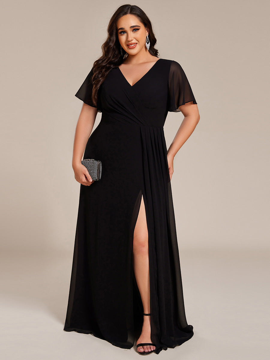 Color=Black | Plus Size Lotus Leaf Ruffles Sleeve asymmetrical Ruched Empire Waist Chiffon Evening Dresses-Black 6