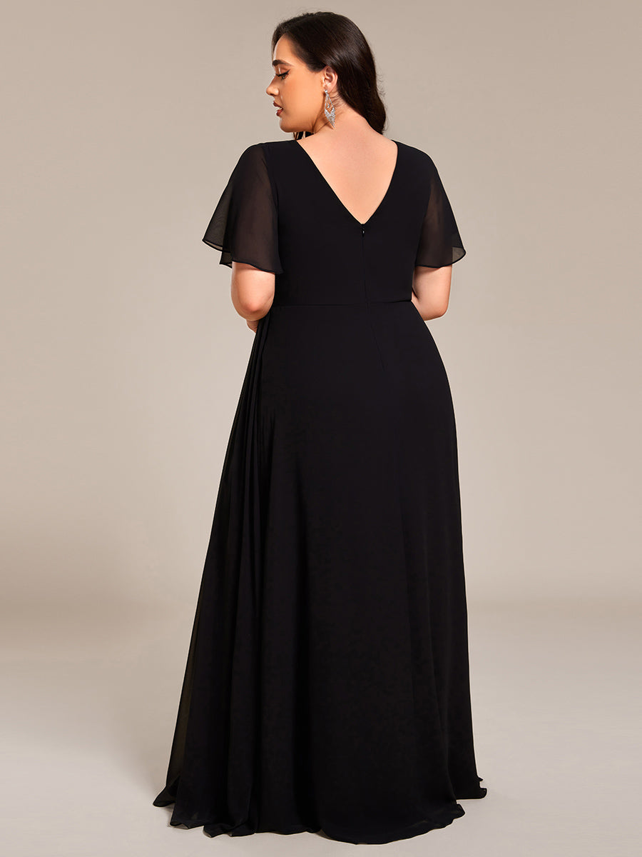 Color=Black | Plus Size Lotus Leaf Ruffles Sleeve asymmetrical Ruched Empire Waist Chiffon Evening Dresses-Black 7