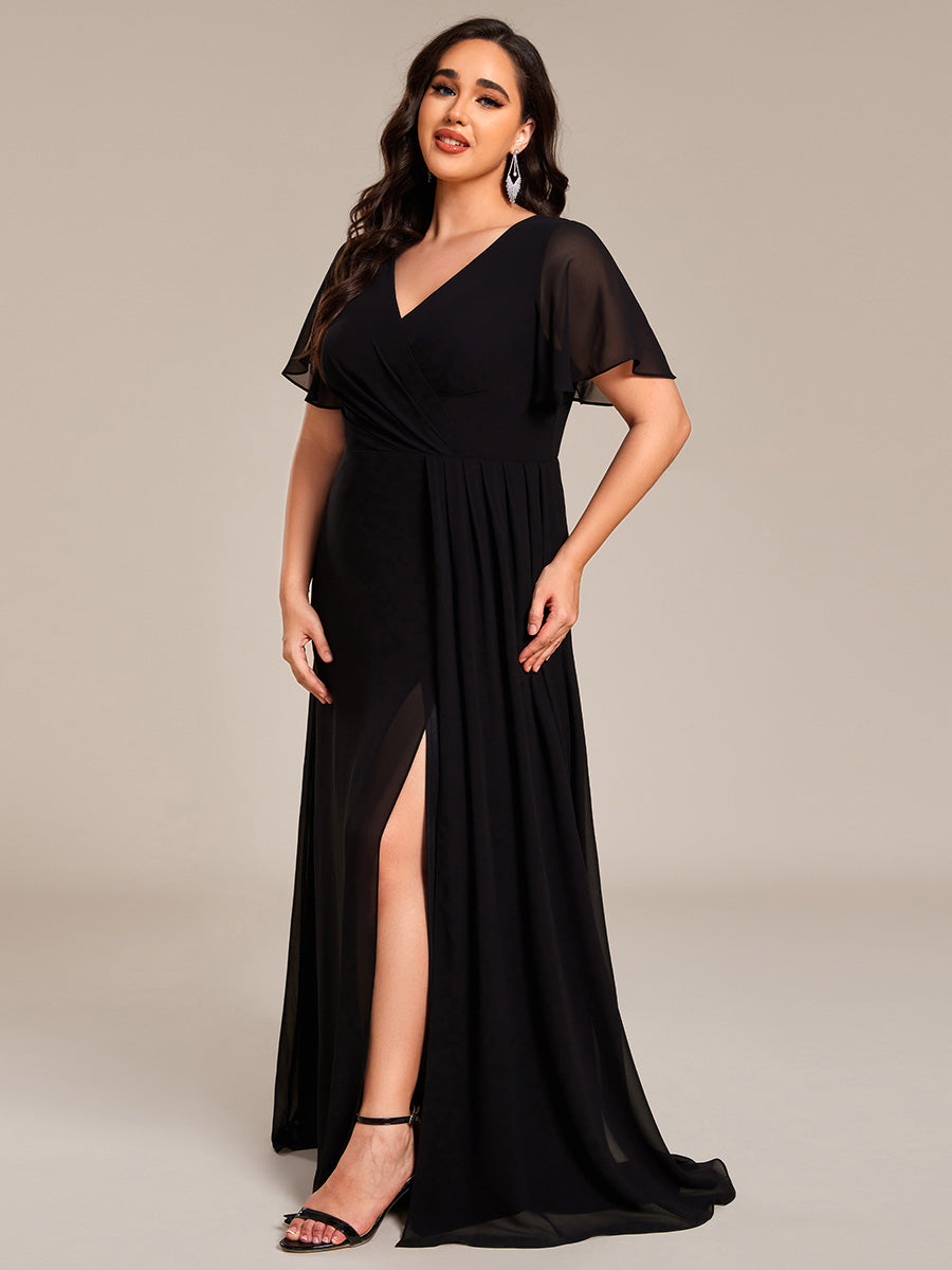 Color=Black | Plus Size Lotus Leaf Ruffles Sleeve asymmetrical Ruched Empire Waist Chiffon Evening Dresses-Black 8