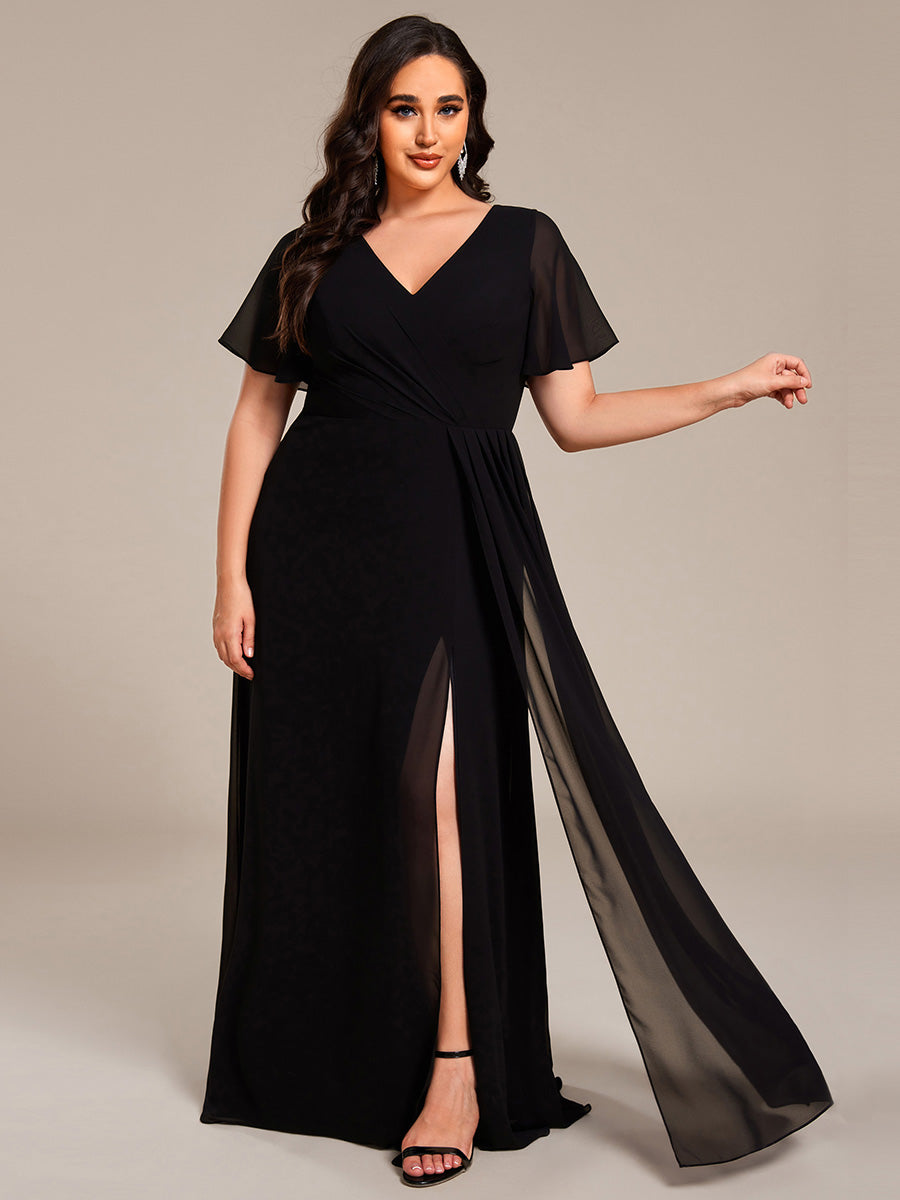 Color=Black | Plus Size Lotus Leaf Ruffles Sleeve asymmetrical Ruched Empire Waist Chiffon Evening Dresses-Black 9