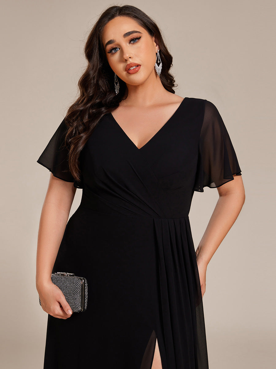 Color=Black | Plus Size Lotus Leaf Ruffles Sleeve asymmetrical Ruched Empire Waist Chiffon Evening Dresses-Black 10
