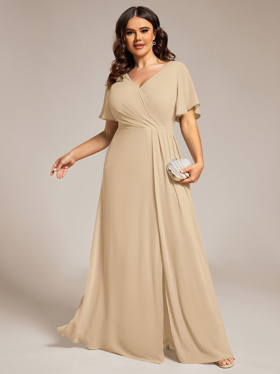 Color=Charcoal | Plus Size Lotus Leaf Ruffles Sleeve asymmetrical Ruched Empire Waist Chiffon Evening Dresses-Charcoal 14