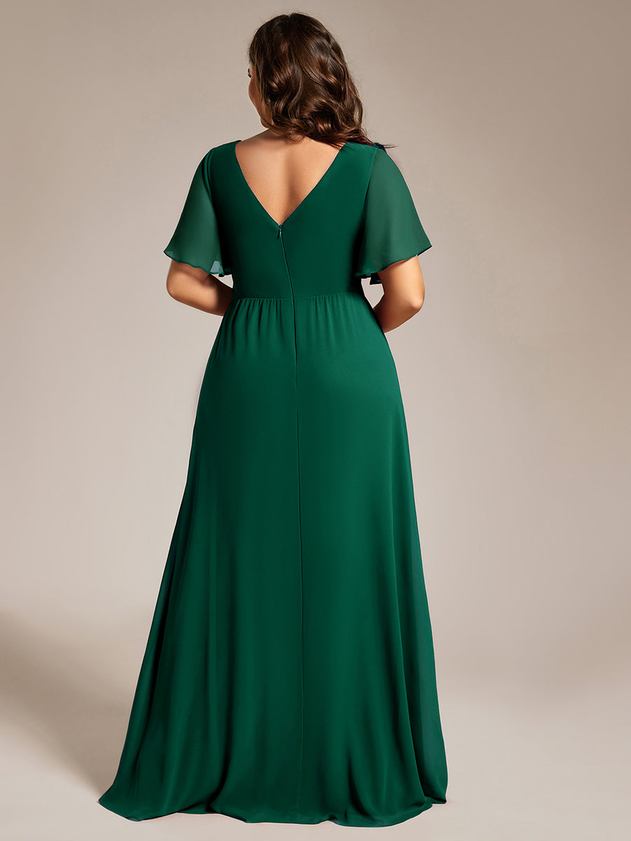 Color=Dark Green | Plus Size Lotus Leaf Ruffles Sleeve asymmetrical Ruched Empire Waist Chiffon Evening Dresses-Dark Green 17