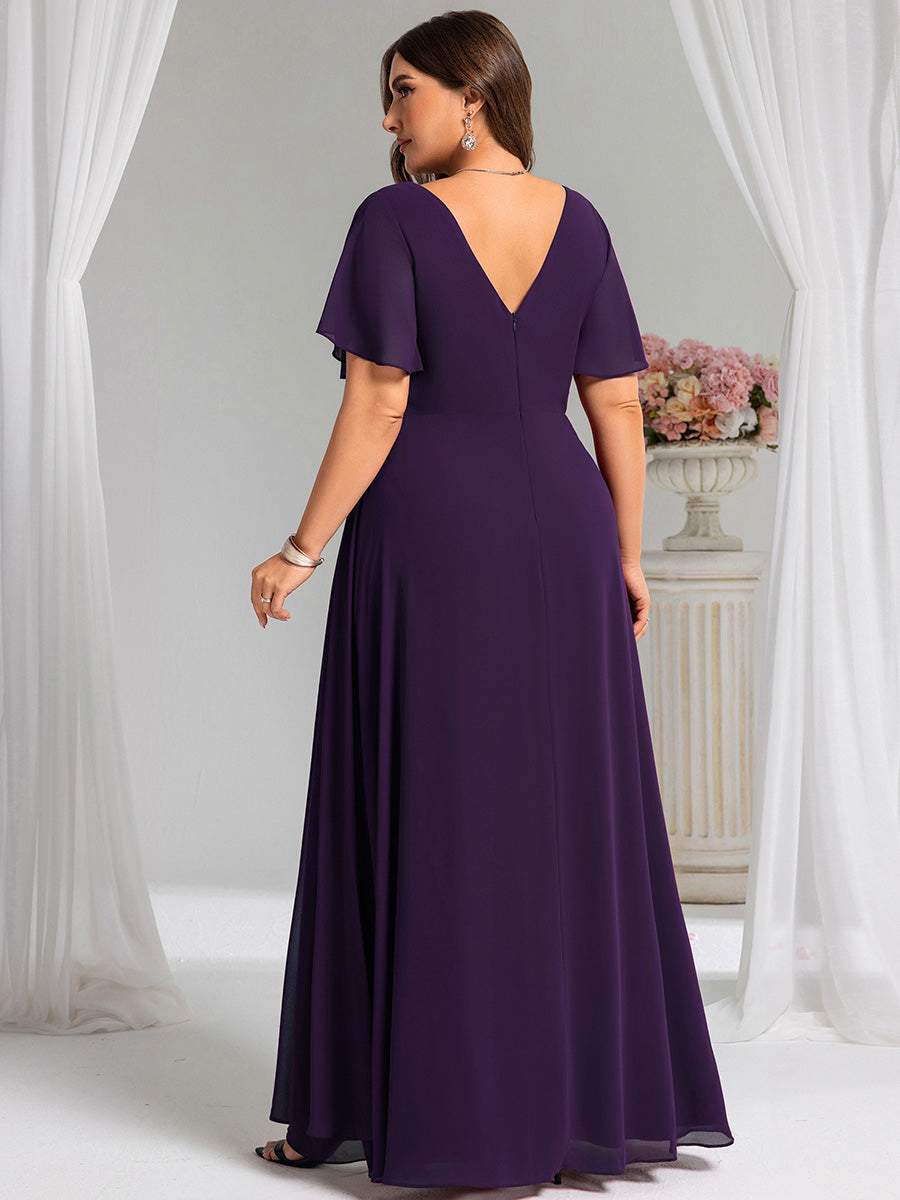 Color=Dark Purple | Plus Size Lotus Leaf Ruffles Sleeve asymmetrical Ruched Empire Waist Chiffon Evening Dresses-Dark Purple 27