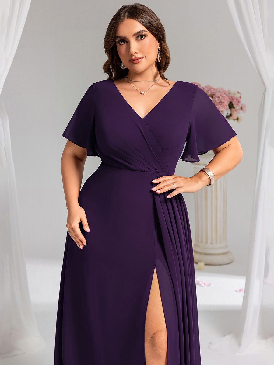 Color=Dark Purple | Plus Size Lotus Leaf Ruffles Sleeve asymmetrical Ruched Empire Waist Chiffon Evening Dresses-Dark Purple 30