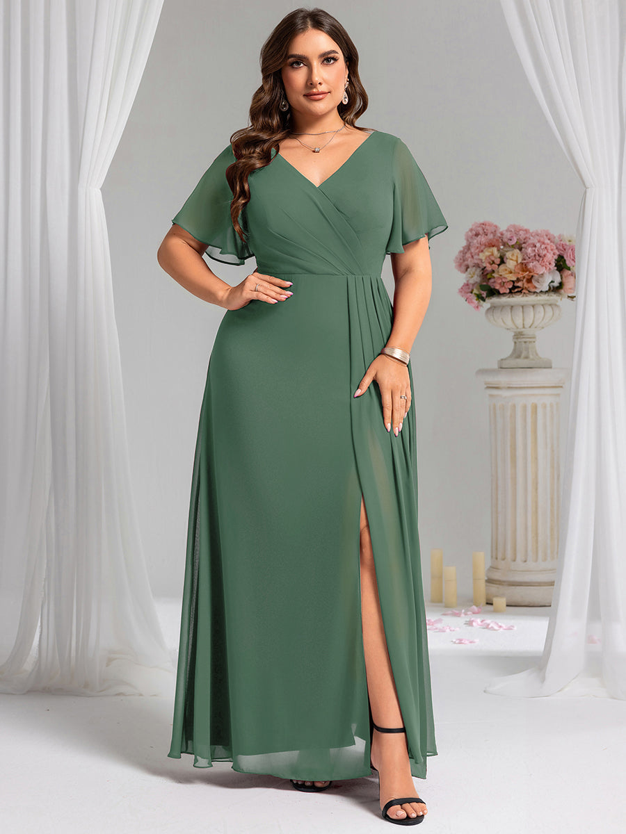 Color=Eucalyptus | Plus Size Lotus Leaf Ruffles Sleeve asymmetrical Ruched Empire Waist Chiffon Evening Dresses-Eucalyptus 34