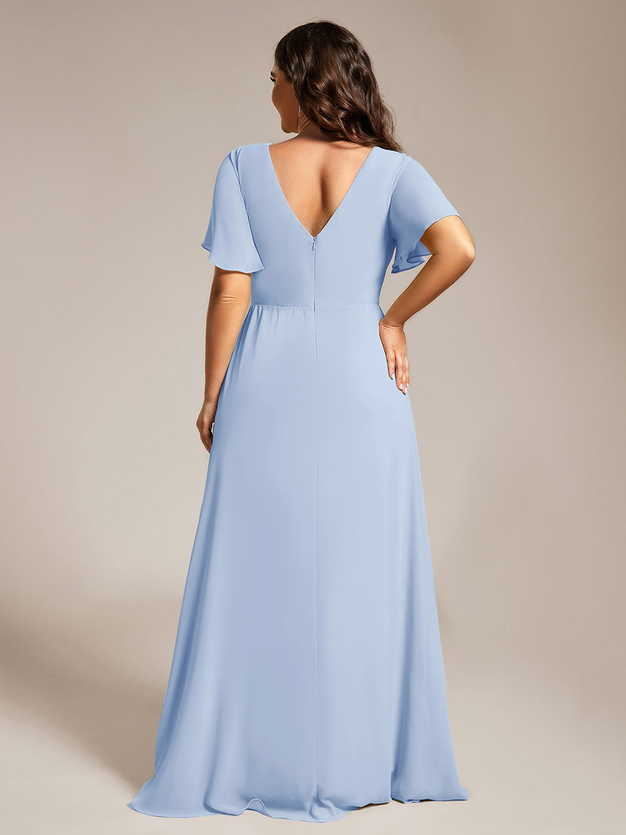 Color=Ice Blue | Plus Size Lotus Leaf Ruffles Sleeve asymmetrical Ruched Empire Waist Chiffon Evening Dresses-Ice Blue 37