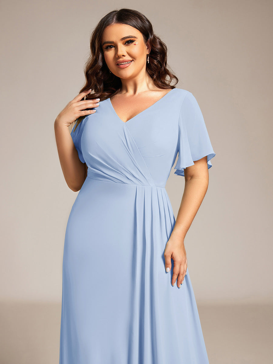 Color=Ice Blue | Plus Size Lotus Leaf Ruffles Sleeve asymmetrical Ruched Empire Waist Chiffon Evening Dresses-Ice Blue 38