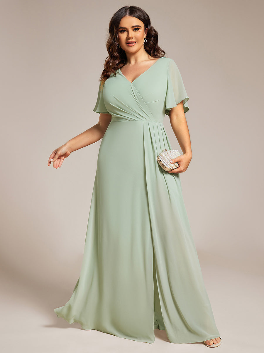 Color=Mint Green | Plus Size Lotus Leaf Ruffles Sleeve asymmetrical Ruched Empire Waist Chiffon Evening Dresses-Mint Green 45