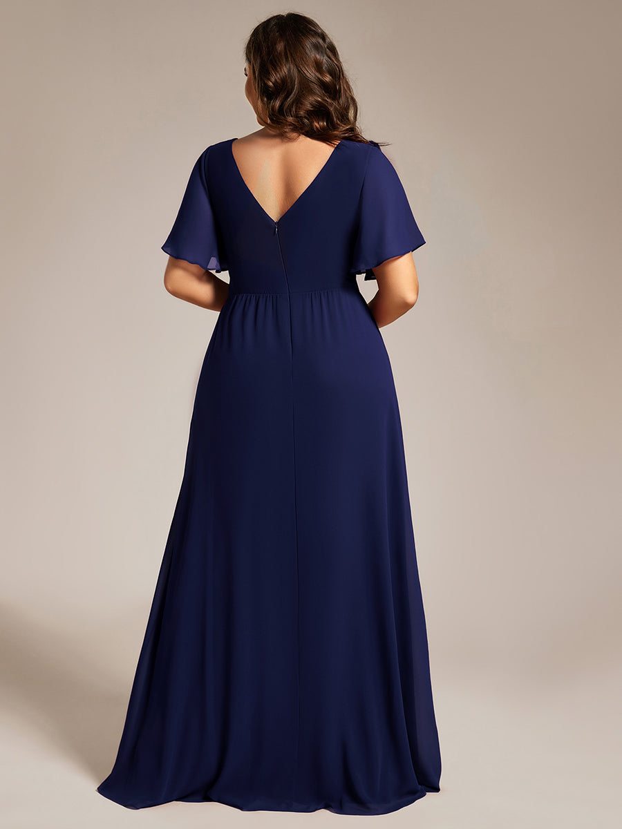 Color=Navy Blue | Plus Size Lotus Leaf Ruffles Sleeve asymmetrical Ruched Empire Waist Chiffon Evening Dresses-Navy Blue 47