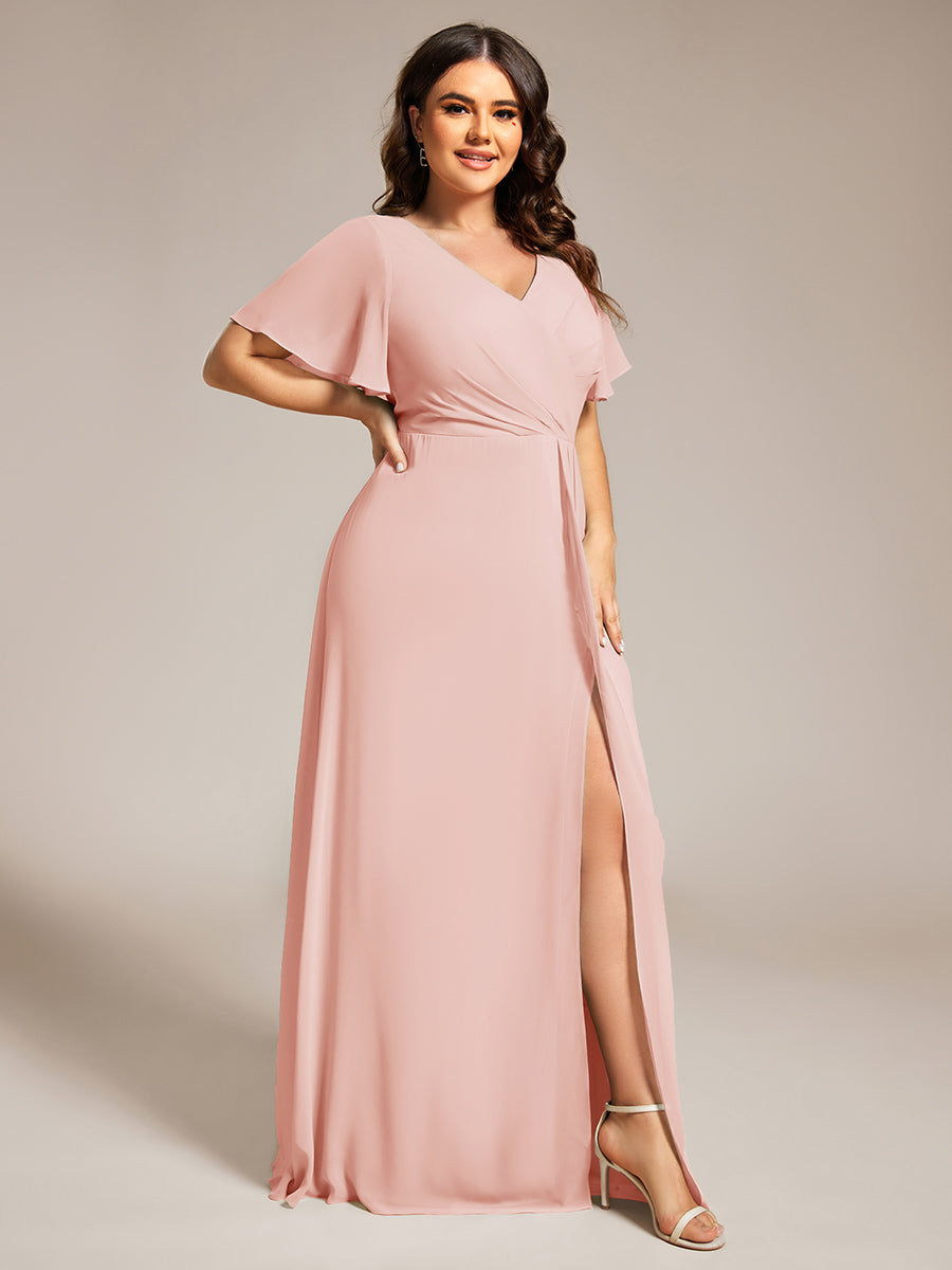 Color=Pink | Plus Size Lotus Leaf Ruffles Sleeve asymmetrical Ruched Empire Waist Chiffon Evening Dresses-Pink 54