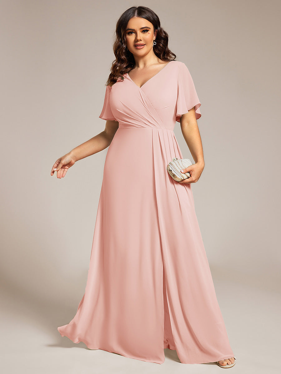 Color=Pink | Plus Size Lotus Leaf Ruffles Sleeve asymmetrical Ruched Empire Waist Chiffon Evening Dresses-Pink 55
