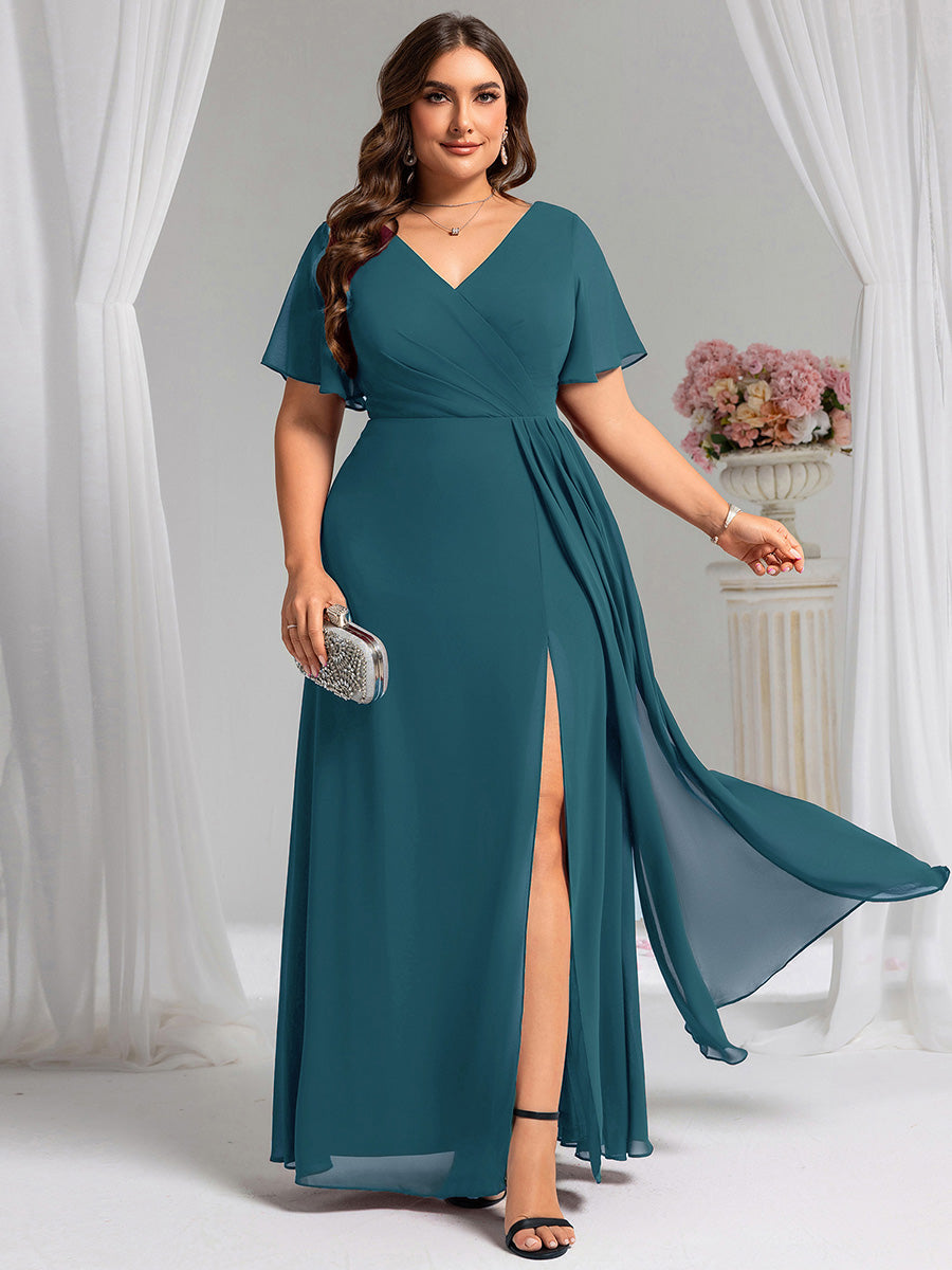 Color=Teal | Plus Size Lotus Leaf Ruffles Sleeve asymmetrical Ruched Empire Waist Chiffon Evening Dresses-Teal 59