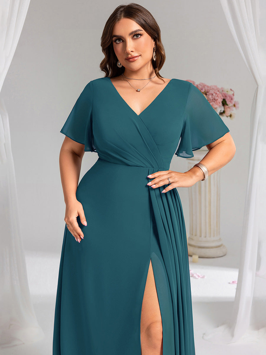 Color=Teal | Plus Size Lotus Leaf Ruffles Sleeve asymmetrical Ruched Empire Waist Chiffon Evening Dresses-Teal 58