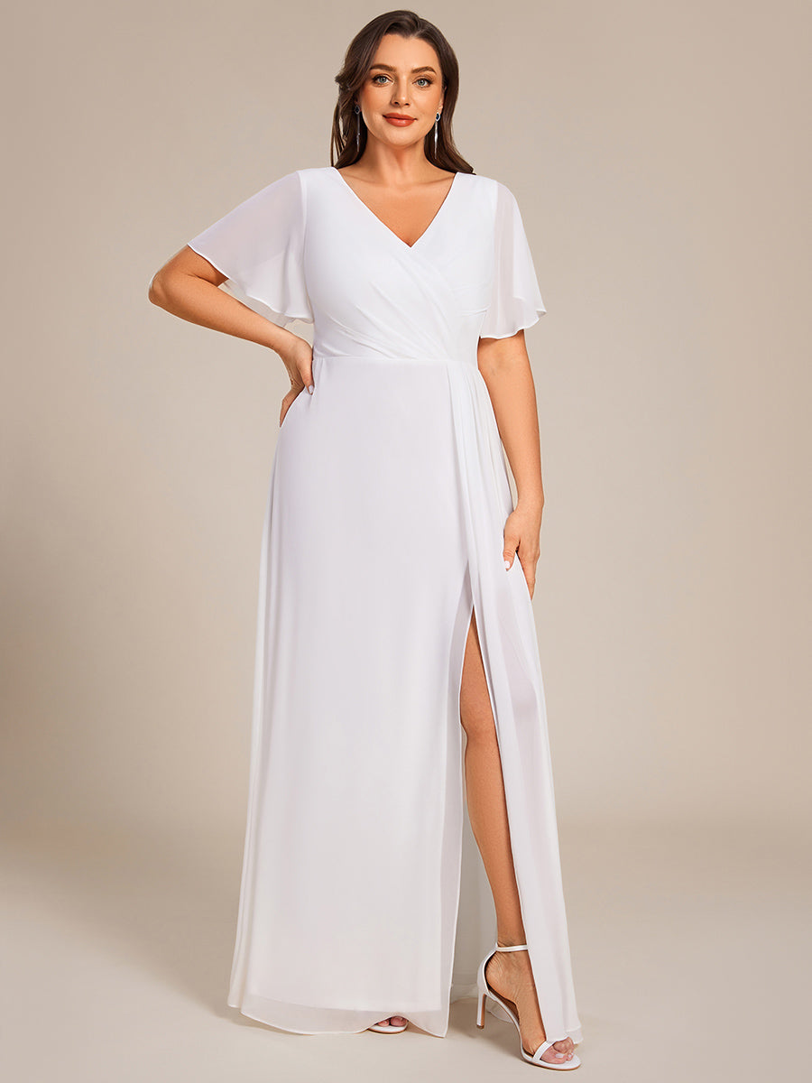 Color=White | Plus Size Lotus Leaf Ruffles Sleeve asymmetrical Ruched Empire Waist Chiffon Evening Dresses-White 64