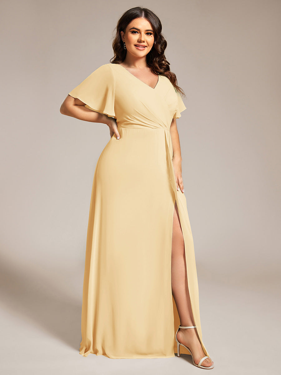 Color=Yellow | Plus Size Lotus Leaf Ruffles Sleeve asymmetrical Ruched Empire Waist Chiffon Evening Dresses-Yellow 69