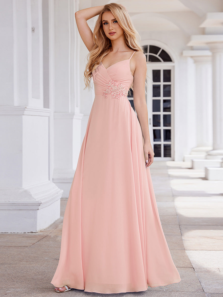 Color=Pink | Elegant Bridesmaid Dresses Sleeveless A-Line Cross Back Chiffon Dresses with Embroidery Decoration-Pink 22