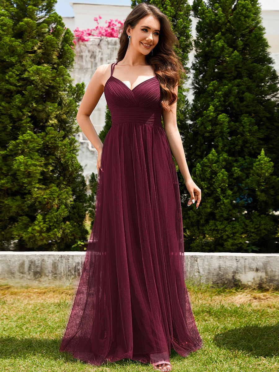 Color=Burgundy | Romantic Spaghetti Straps Tulle Bridesmaid Dresses with Lace Backless Crossover Halter Design-Burgundy