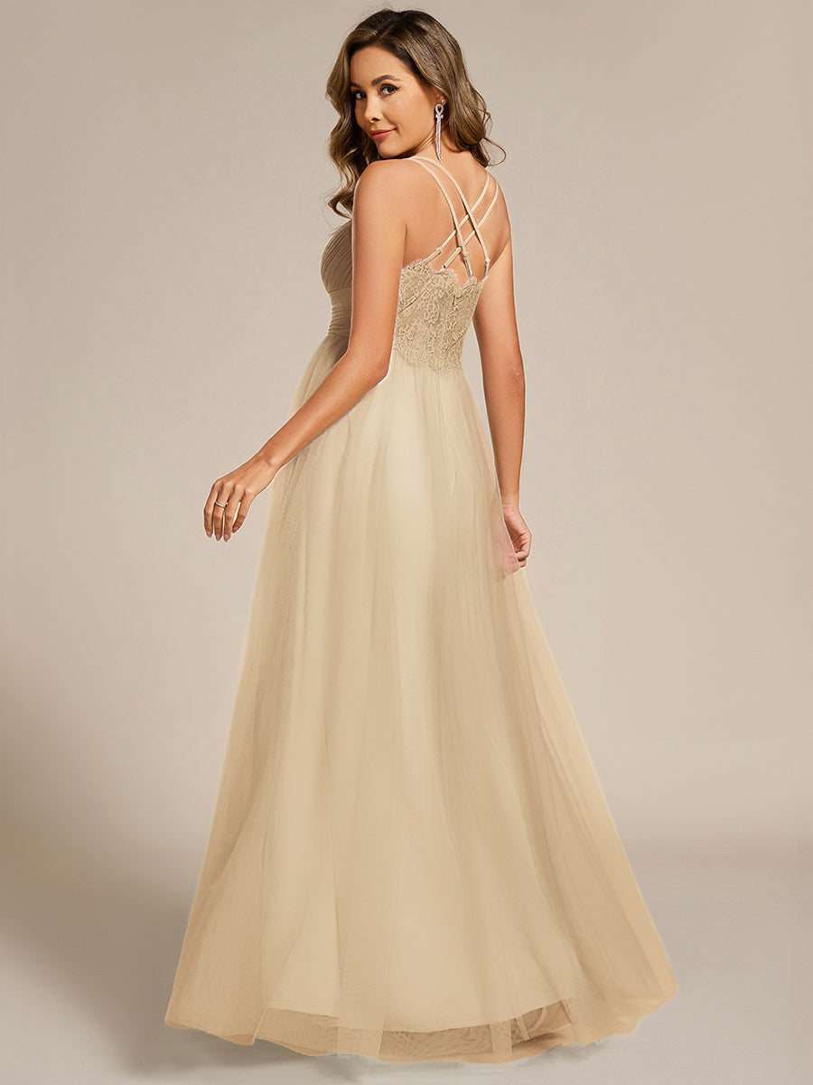 Color=champagne | Romantic Spaghetti Straps Tulle Bridesmaid Dresses with Lace Backless Crossover Halter Design-champagne
